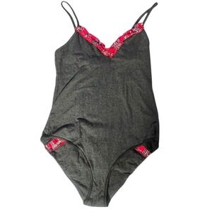 Victorias Secret Dark Grey Plaid Trim Spaghetti Strap Bells Bodysuit M